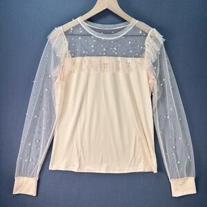 NWOT Coquette Pink Sheer Pearl Embellished Mesh Ruffle Feminine Peach Blouse Med
